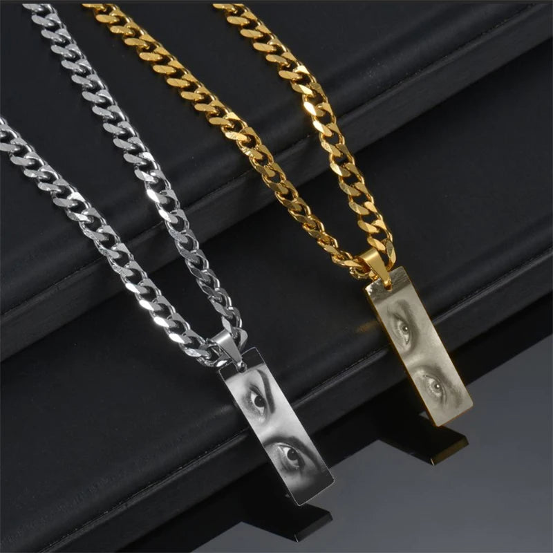Letdiffery Custom Engraved Eyes Necklaces for Women Men Stainless Sreel Laser Carve Photo Names Square Pendant