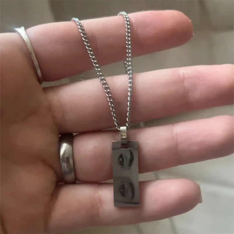 Letdiffery Custom Engraved Eyes Necklaces for Women Men Stainless Sreel Laser Carve Photo Names Square Pendant