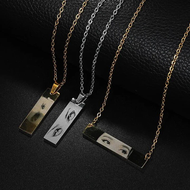 Letdiffery Custom Engraved Eyes Necklaces for Women Men Stainless Sreel Laser Carve Photo Names Square Pendant