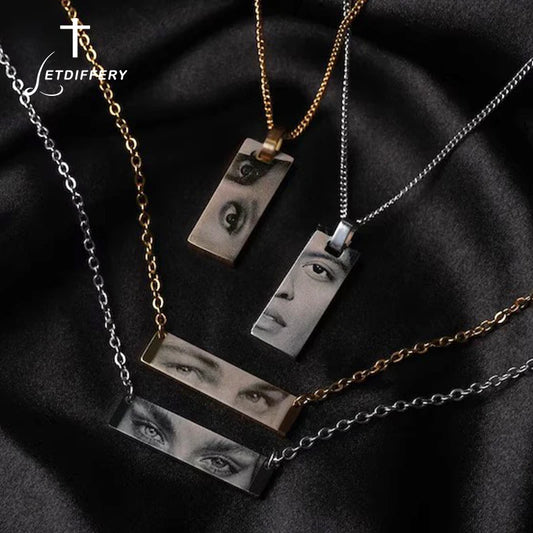 Letdiffery Custom Engraved Eyes Necklaces for Women Men Stainless Sreel Laser Carve Photo Names Square Pendant